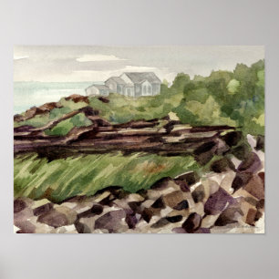 Poster Maison de plage Maine Littoral accidenté Roches