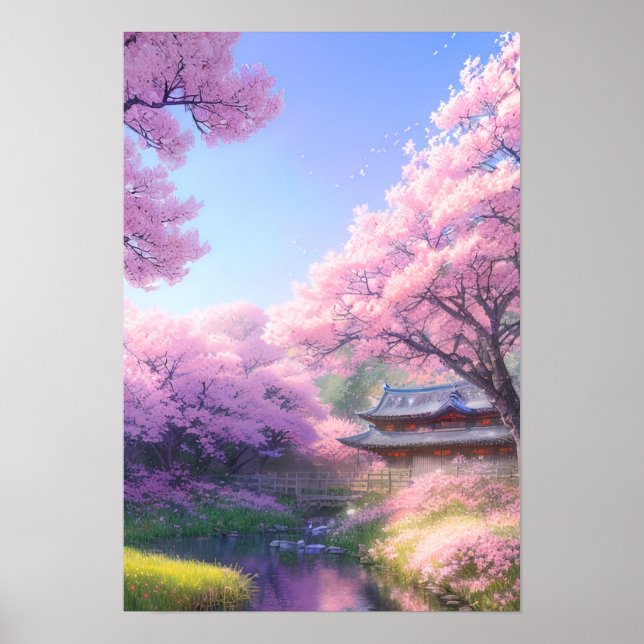 Poster Maison de thé Cherry Blossom au bord de la rivière (Devant)