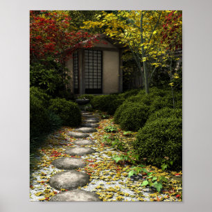 Poster Maison de thé et jardin japonais en automne