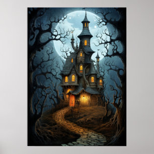 Poster Maison Éffrayante de sorcière d'Halloween
