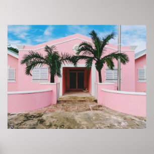 Poster Maison en béton rose et blanc près des arbres vert