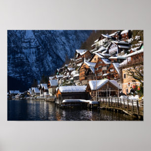 Poster Maison en bois au bord du lac à Hallstatt, Autrich
