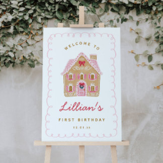 Poster Maison en pain d'épice rose Préppy pour un anniver