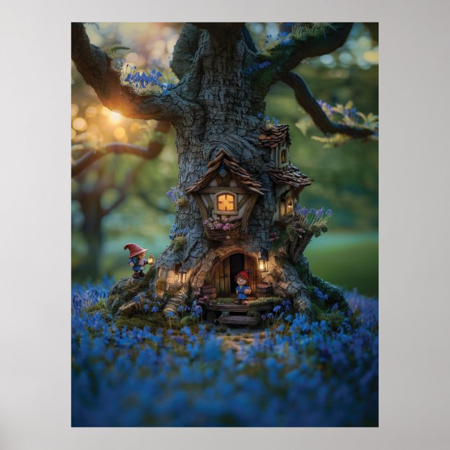 Poster Maison Gnome dans un arbre entouré de cloches bleu (Devant)