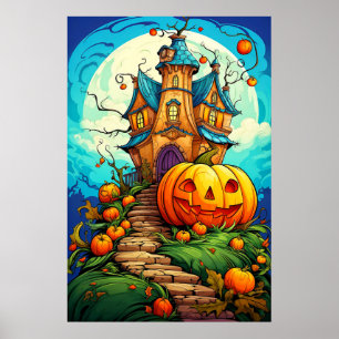 Poster Maison hantée d'Halloween surveillée par un citrou