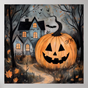 Poster Maison Hantée et Citrouille Géante Halloween