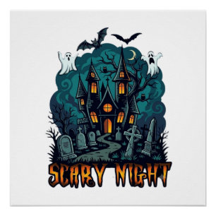 Poster Maison Hantée Fantômes Cimetière Nuit Effrayante