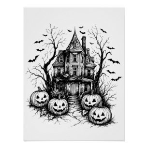 Poster Maison hantée Halloween noir et blanc
