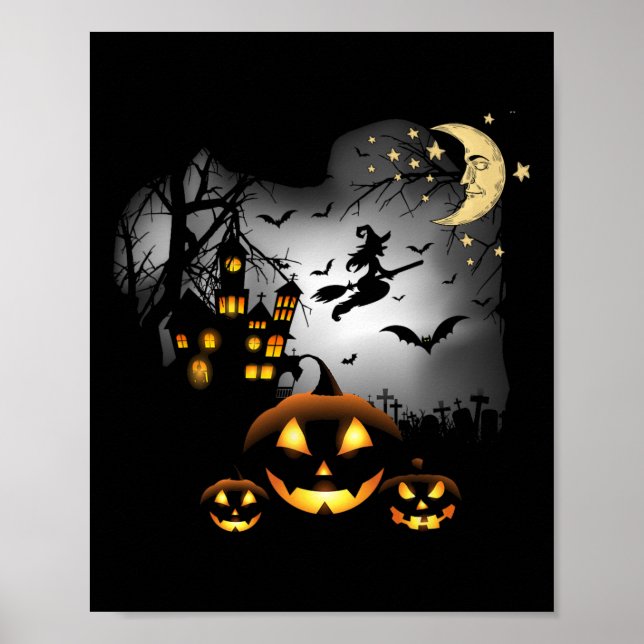 Poster Maison hantée - Sorcière volante - Jack-o'-lantern (Devant)