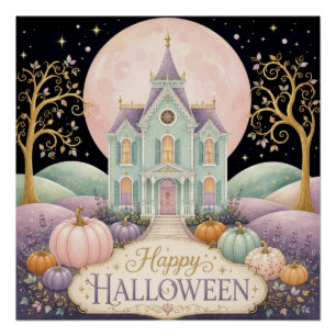 Poster Maison hantée victorienne pastel fantaisiste Hallo