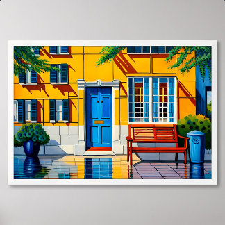 Poster maison peinture vue porte bleue pot décoratif plan