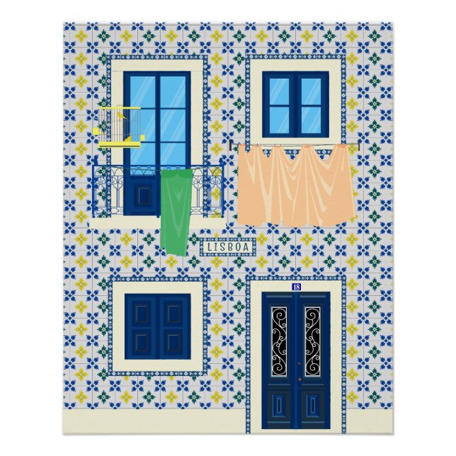 Poster Maison portugaise de Lisbonne avec tuiles et oisea (Devant)