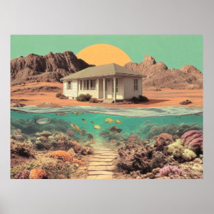 Poster Maison surréaliste du désert avec récif sous-marin