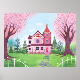 Poster Maison victorienne rose & Fleur de cerisier