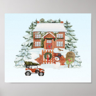 Poster Maison vintage Joyeux Noël Neige Scène d'hiver