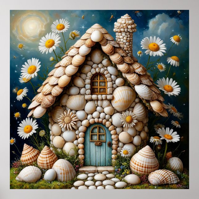 Poster Maisonnette fantaisiste avec jardin fleuri vibrant (Devant)