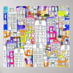 Poster Maisons d'Amsterdam : Aquarelle Motif sans couture