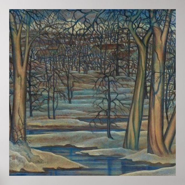 Poster Maisons dans un paysage de rivière d'hiver Barren (Devant)