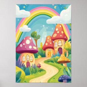 Poster Maisons de champignons et arc-en-ciel 13