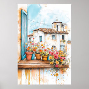 Poster Maisons de village Illustration Pastel Dessin coul