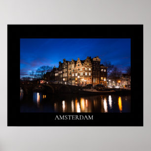 Poster Maisons du canal d'Amsterdam la nuit