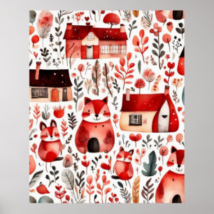 Poster Maisons rouges et maisons mignonnes Feuille de pap