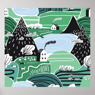 Poster Maisons scandinaves, arbres, montagnes illustratio