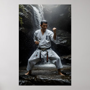 Poster Maître de karaté exécutant un kata sous une cascad