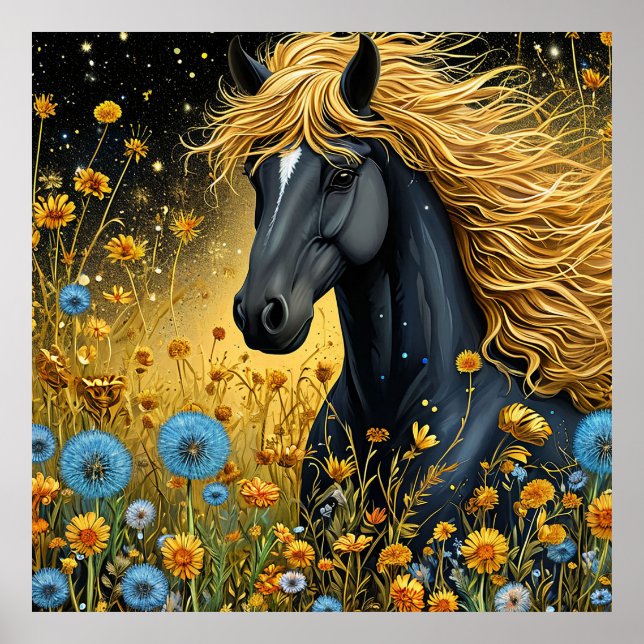 Poster Majestic Black Stallion au milieu de Fleurs sauvag (Devant)