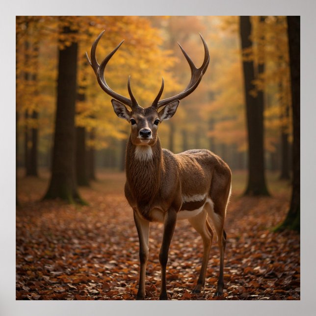 Poster Majestic Deer  (Notice the intricate details of its antlers and the vibrant colors of the fallen leaves.  )