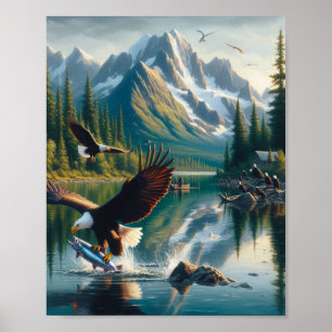 Poster Majestic Eagle Capturer le poisson au lever du sol