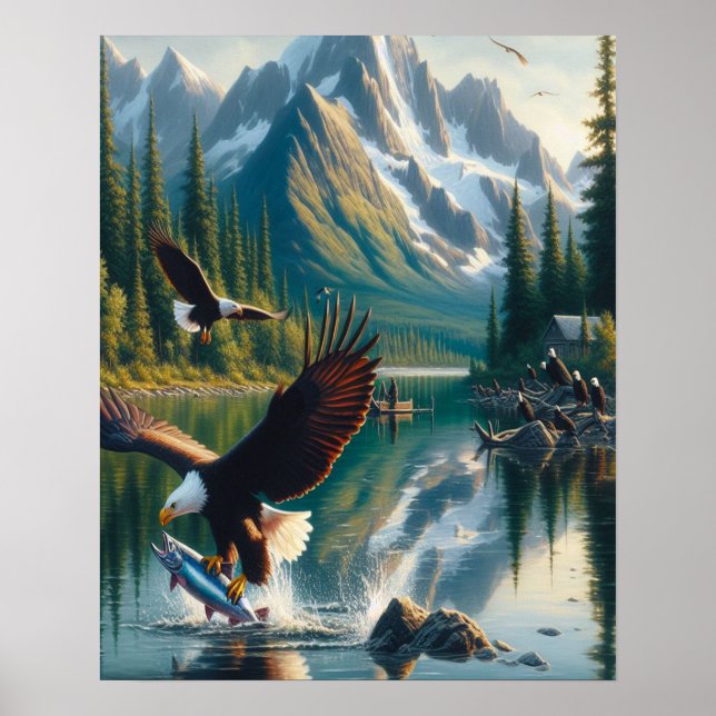 Poster Majestic Eagle Capturer le poisson au lever du sol (Devant)