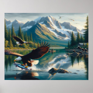 Poster Majestic Eagle Capturer le poisson au lever du sol