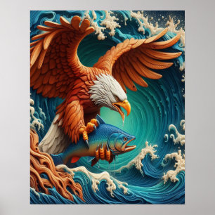 Poster Majestic Eagle Fishing dans une vague 16x20