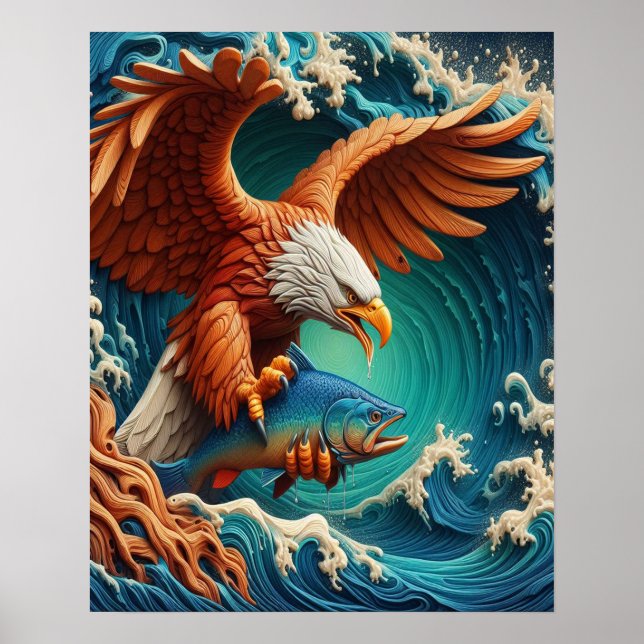 Poster Majestic Eagle Fishing dans une vague 16x20 (Devant)