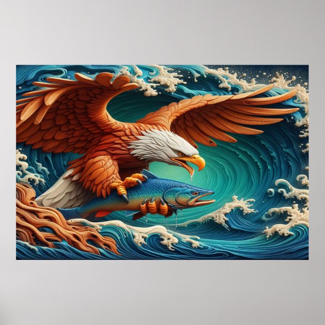 Poster Majestic Eagle Fishing dans une vague 36x24 (Devant)
