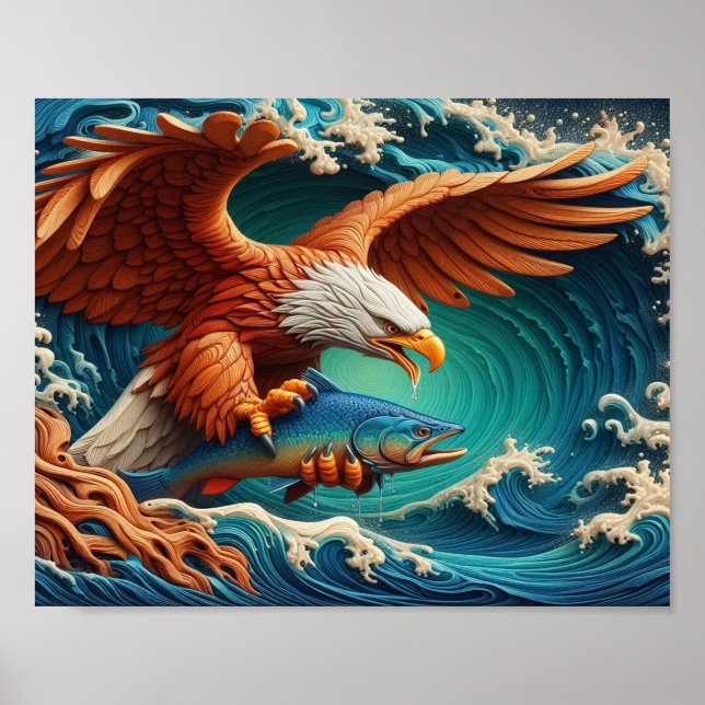 Poster Majestic Eagle Fishing en vague 10x8 (Devant)