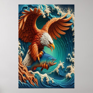 Poster Majestic Eagle Fishing en vague 24x36