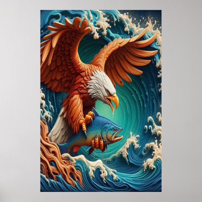 Poster Majestic Eagle Fishing en vague 24x36 (Devant)