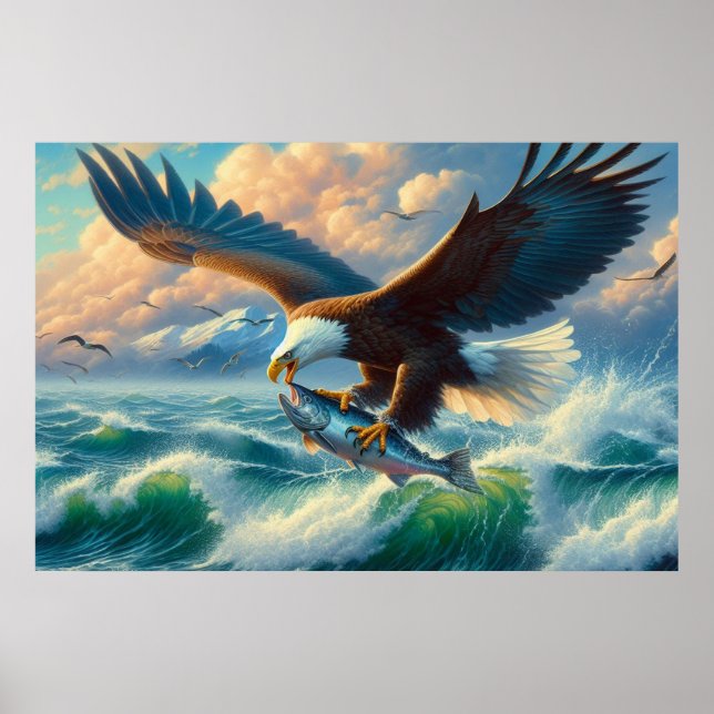 Poster Majestic Eagle Swooping Down to Catch Fish 20x16 (Devant)