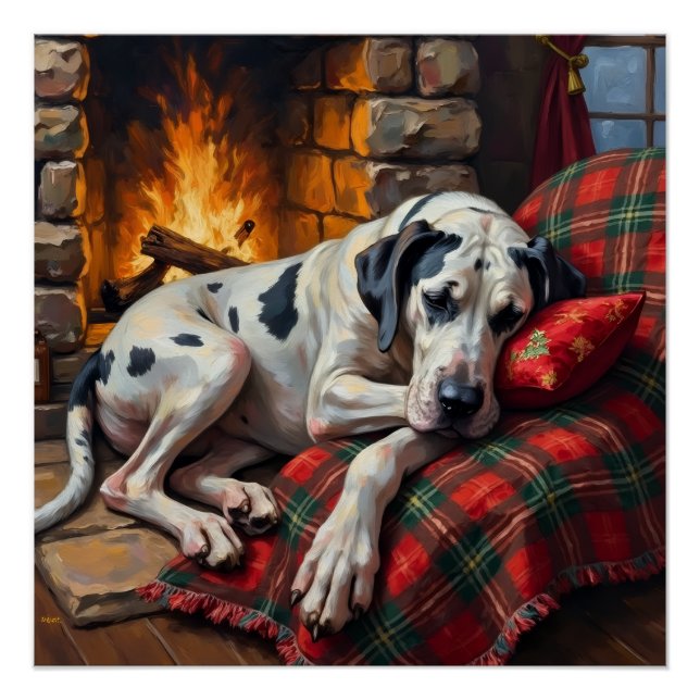 Poster Majestic Great Dane Asleep by Fireplace Cozy (Devant)