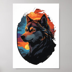 Poster Majestic Husky contre le coucher du soleil vue de