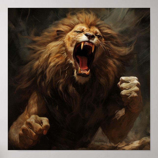Poster Majestic Lion Roaring et lever son puissant fis (Devant)