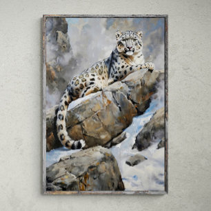 Poster Majestic Sentinel : Léopard de neige sur le rocher