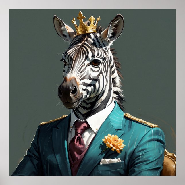 Poster Majestic Zebra avec Couronne Portrait Peinture (Devant)