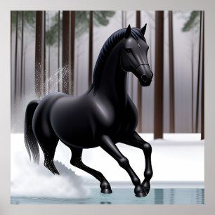 Poster Majestueux cheval noir galopant dans un hiver enne