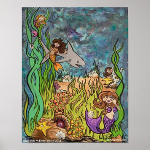 Poster Mako Polo Sirène + Requin jouer jeux amis art