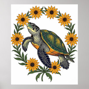 Poster Malaclemys Tortue et Fleurs de Susan aux Yeux Noir