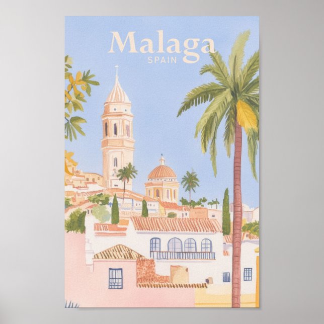 Poster Malaga Espagne Gouache Peinture Illustration Voyag (Devant)