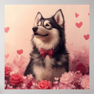 Poster Malamute d'Alaska avec Rose - Saint-Valentin